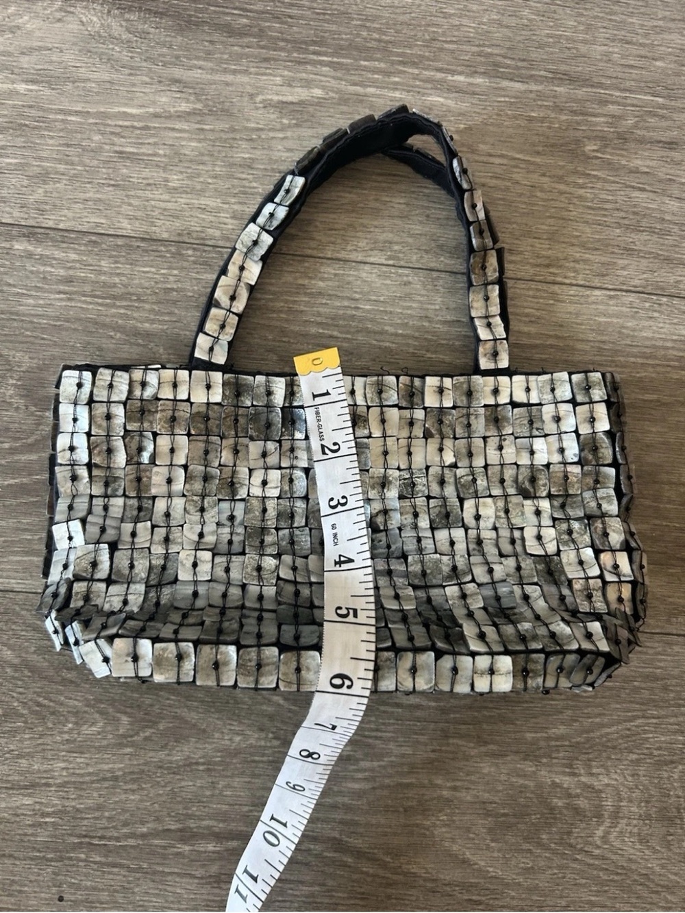 Vintage Y2K Mother of Pearl Shell Tile Handbag Beaded Silver Mini Purse - Picture 5 of 14